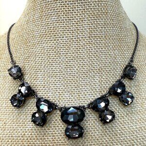 Vintage Monet Black Rhinestone Statement Necklace With Gunmetal Chain Adjustable
